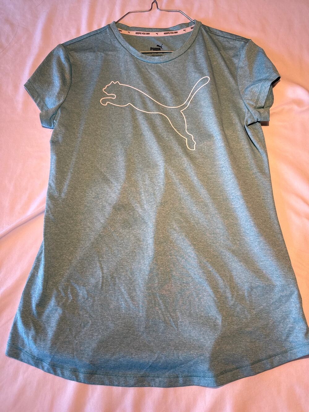 Puma Womens Small Blue Heather Logo Graphic Athletic T Shirt Short Sleeve